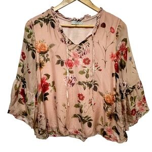 Angela Moda Floral Silk Layered‎ Blouse Womens Small Bell Sleeve Made in Italy